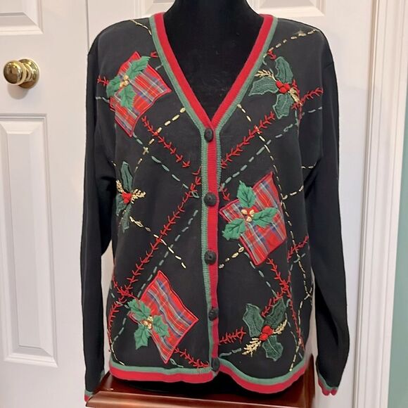 Basic Editions Vintage Hand Stitched Embroidered Cardigan Holiday Sweater L - Picture 2 of 6